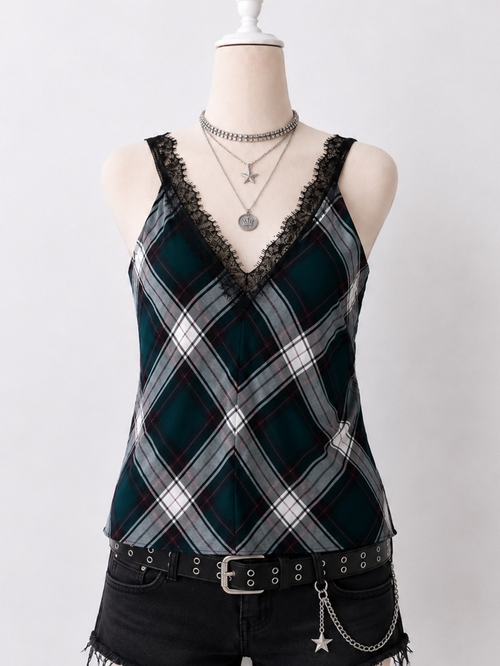 Zara Teal Plaid Lace-Trim V-Neck Cami